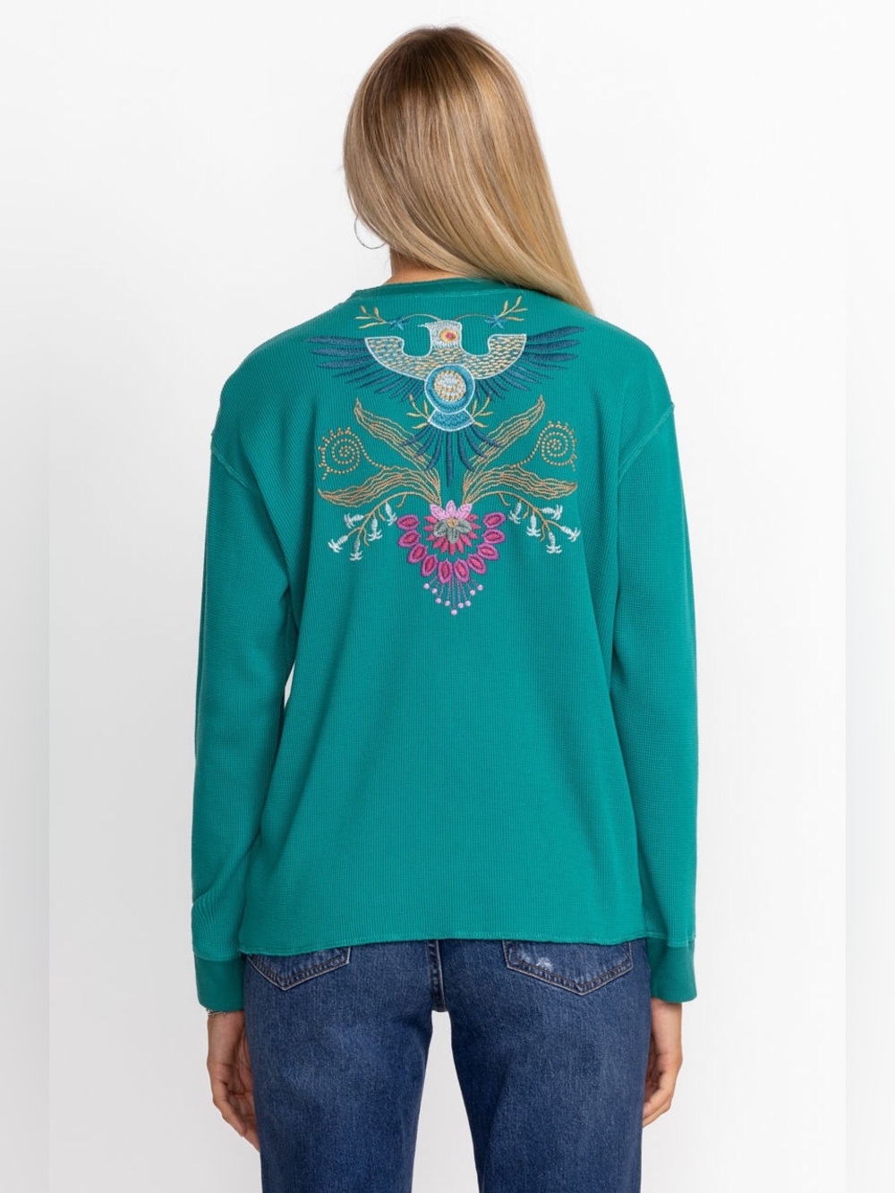 Johnny Was Sisa Embroidered Waffle Knit Thermal Henley in Quetzal Green Size M - Picture 4 of 11